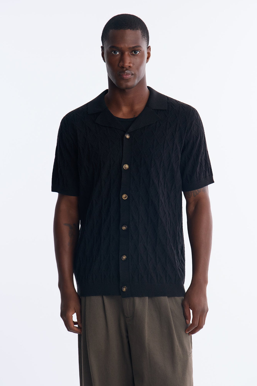 Argyle Textured Cuban Collar Sweater Shirt - Black