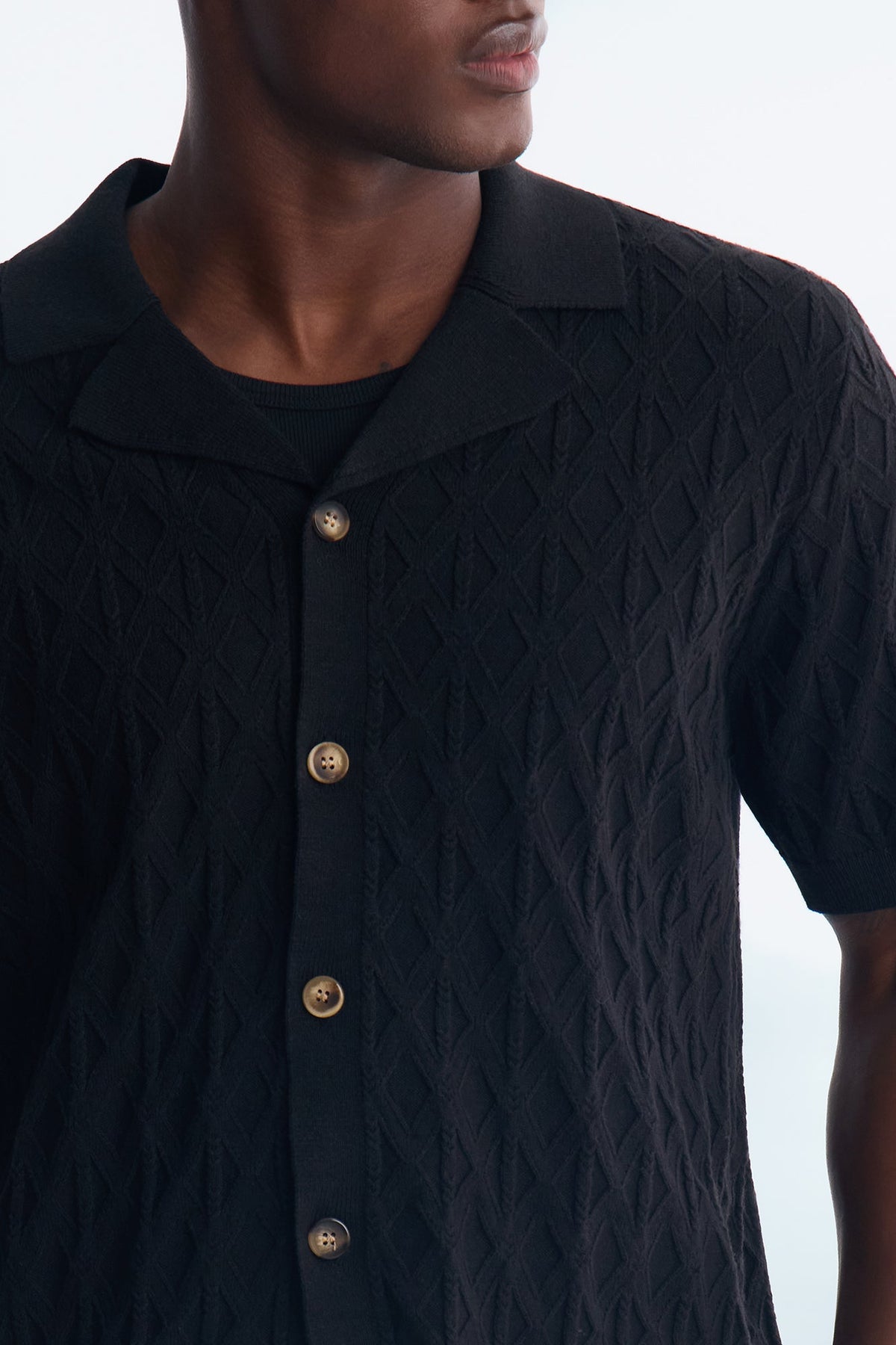 Argyle Textured Cuban Collar Sweater Shirt - Black