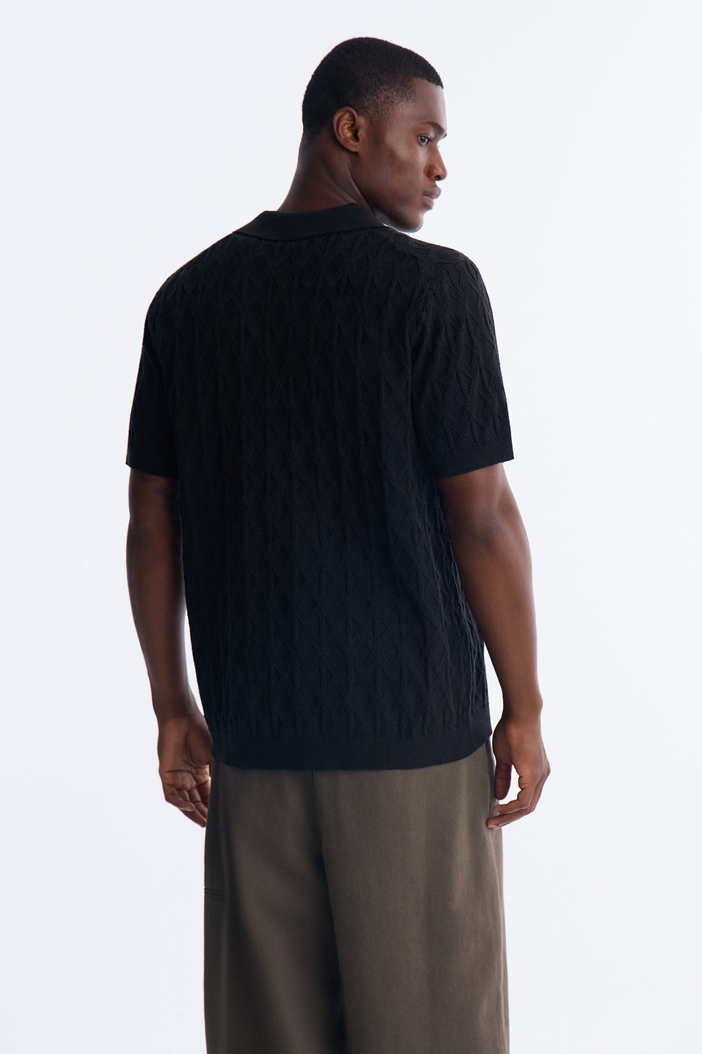 Argyle Textured Cuban Collar Sweater Shirt - Black