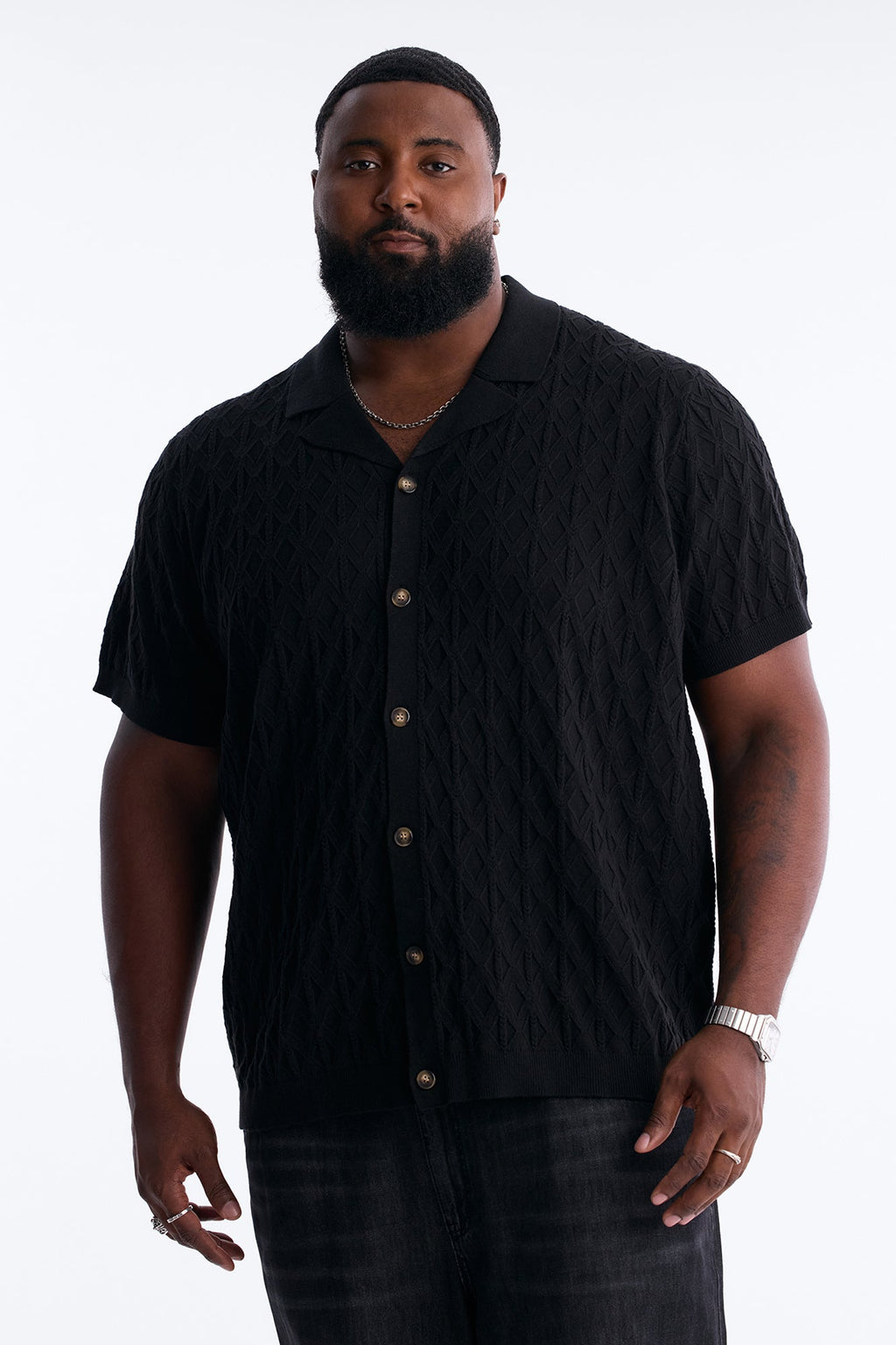 Argyle Textured Cuban Collar Sweater Shirt - Black