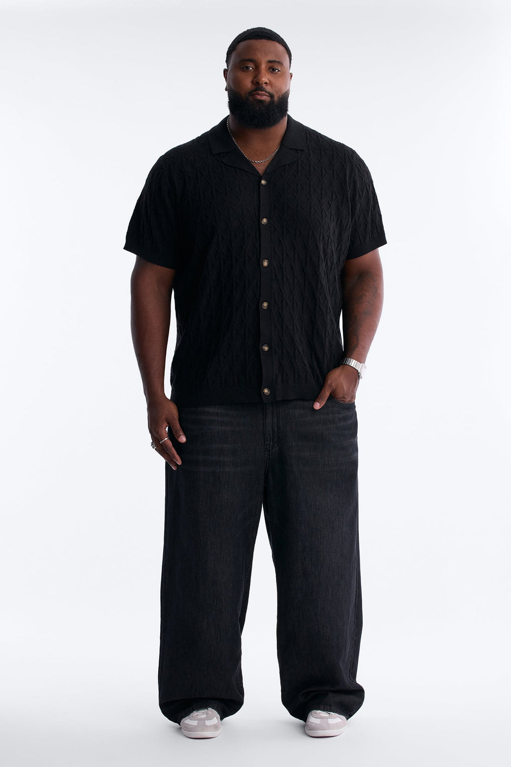 Argyle Textured Cuban Collar Sweater Shirt - Black