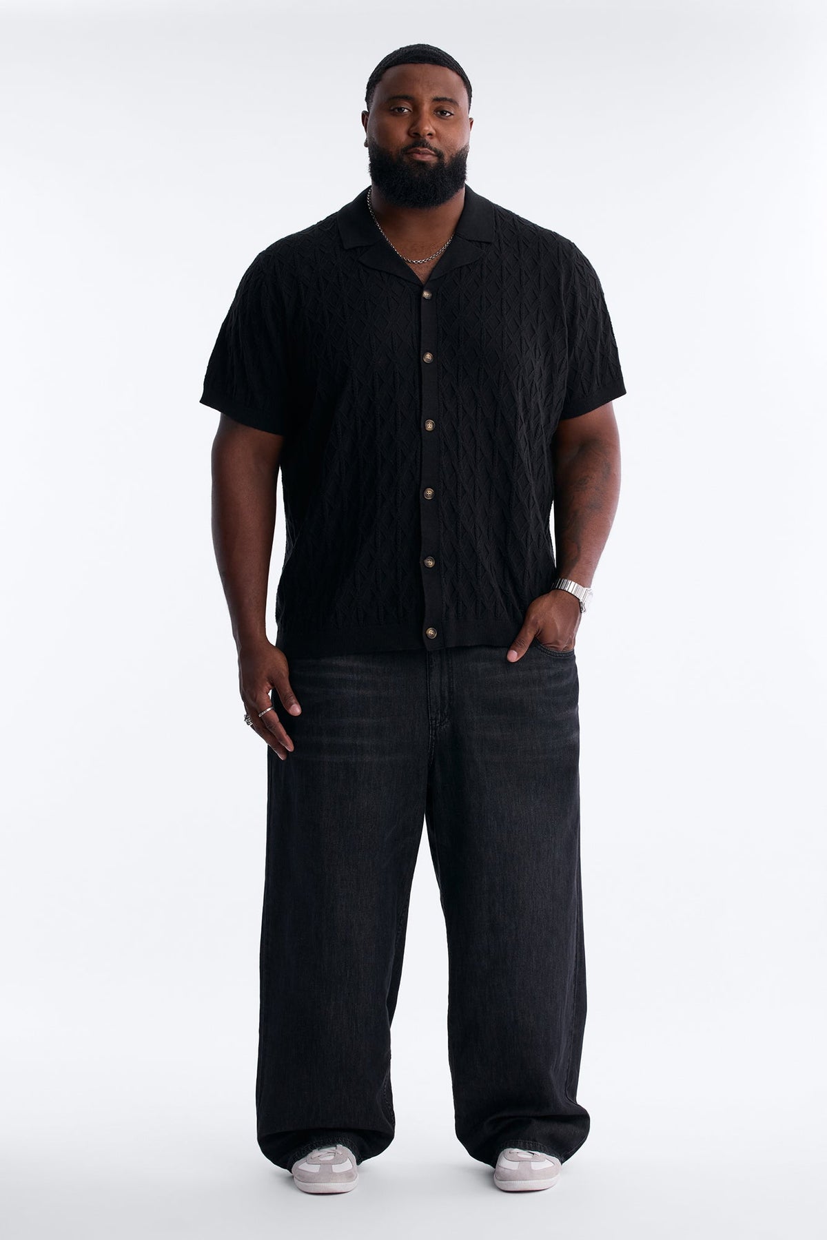 Argyle Textured Cuban Collar Sweater Shirt - Black