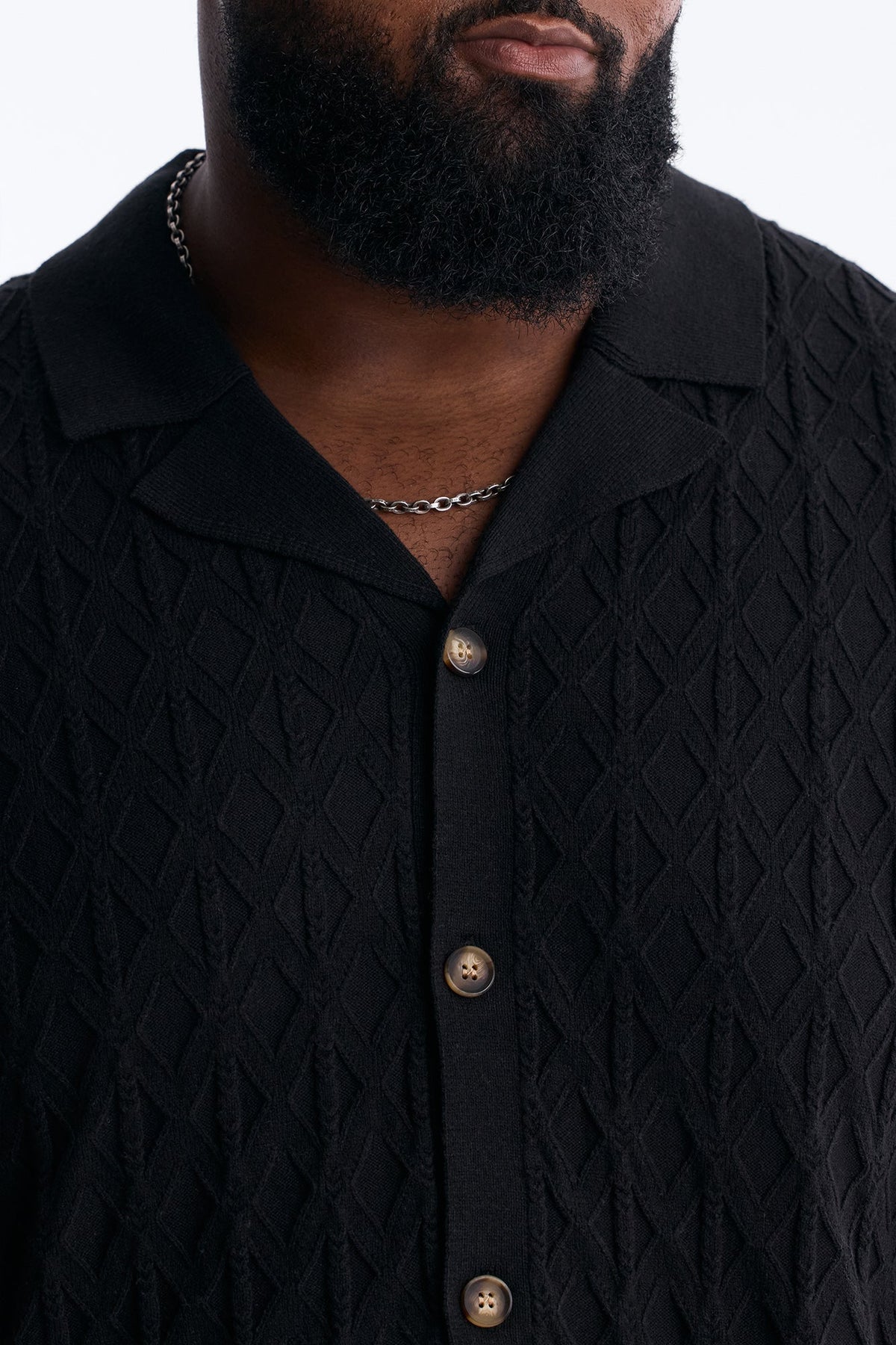 Argyle Textured Cuban Collar Sweater Shirt - Black