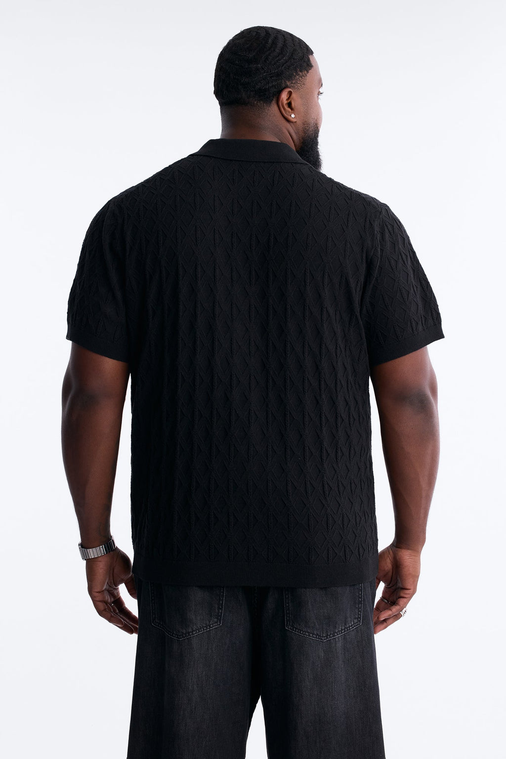 Argyle Textured Cuban Collar Sweater Shirt - Black