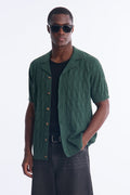 Argyle Textured Cuban Collar Sweater Shirt - Hunter Green