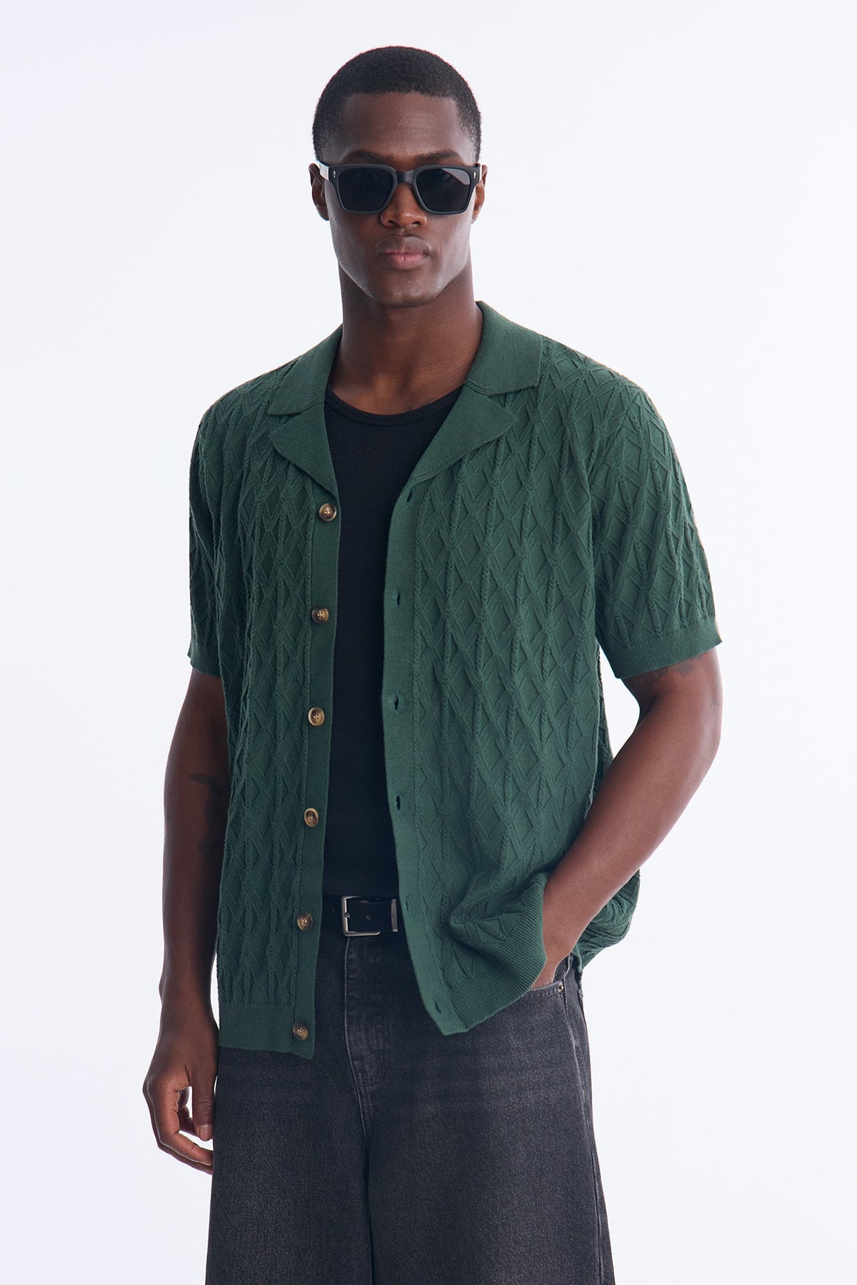 Argyle Textured Cuban Collar Sweater Shirt - Hunter Green
