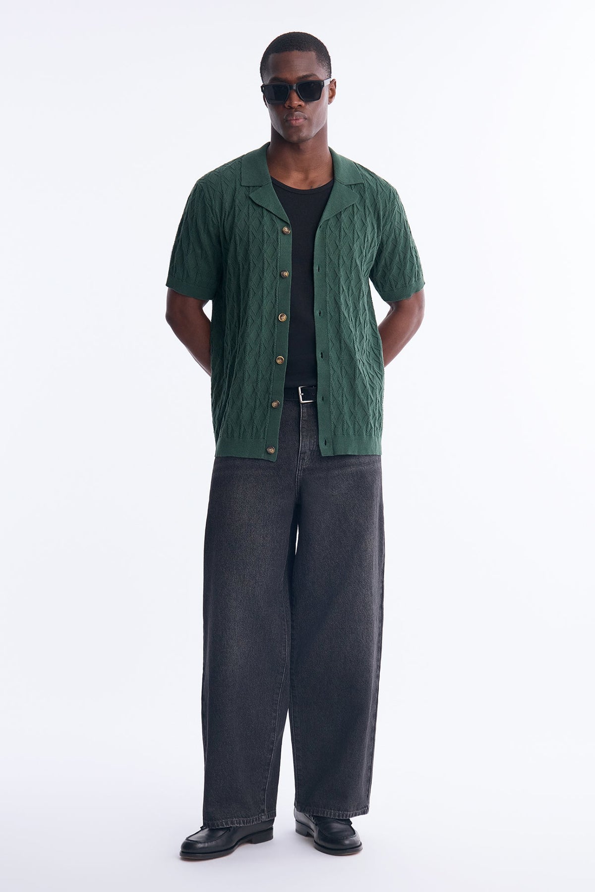 Argyle Textured Cuban Collar Sweater Shirt - Hunter Green