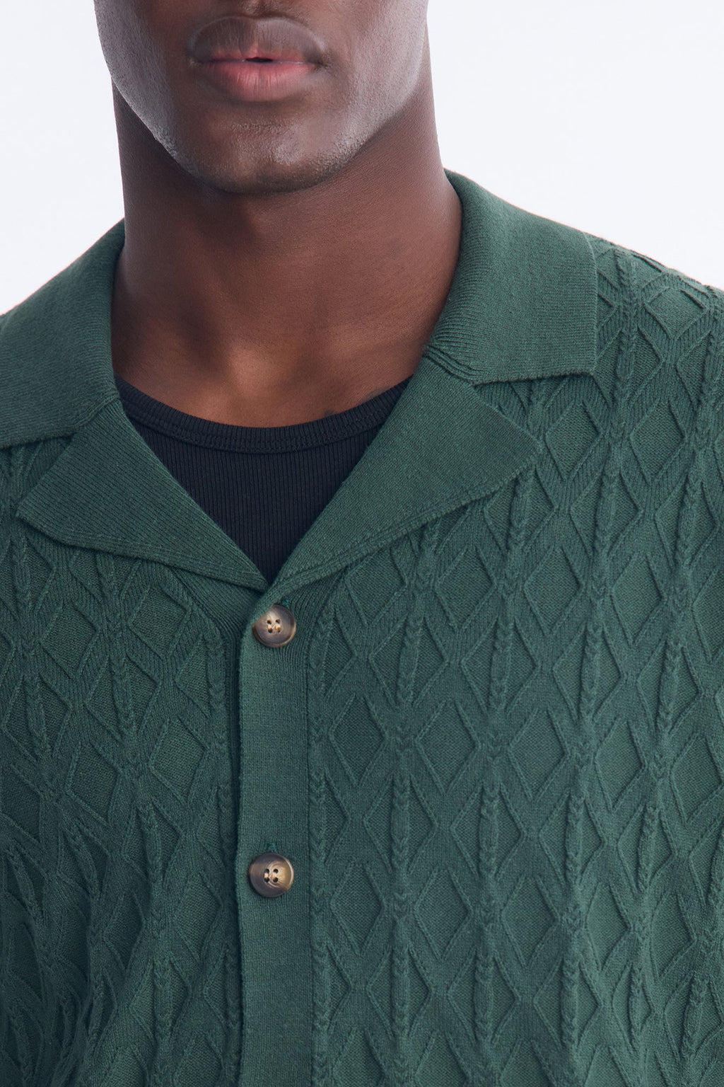 Argyle Textured Cuban Collar Sweater Shirt - Hunter Green
