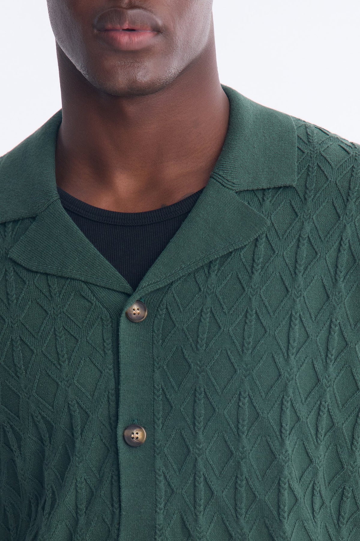 Argyle Textured Cuban Collar Sweater Shirt - Hunter Green