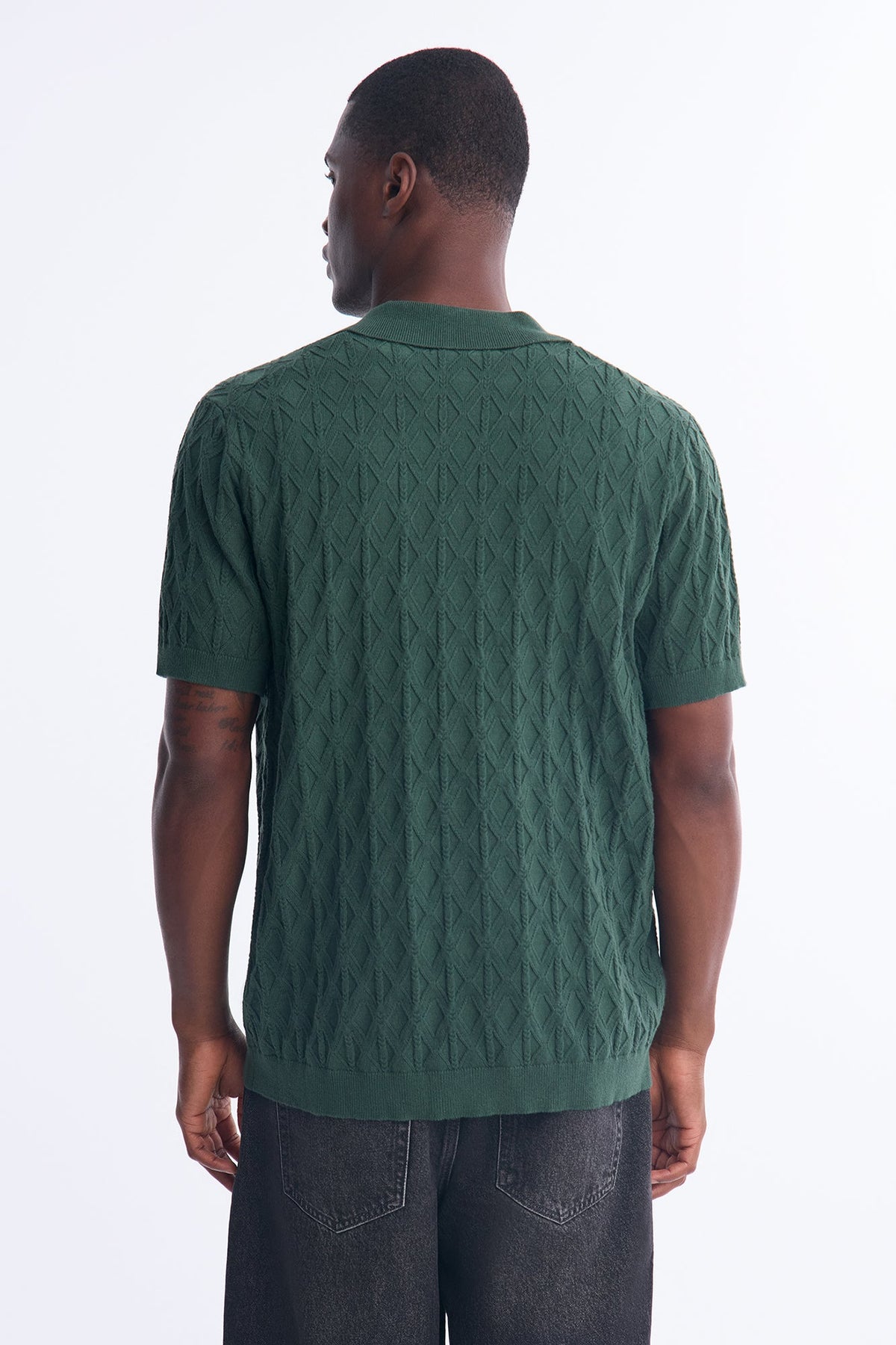 Argyle Textured Cuban Collar Sweater Shirt - Hunter Green