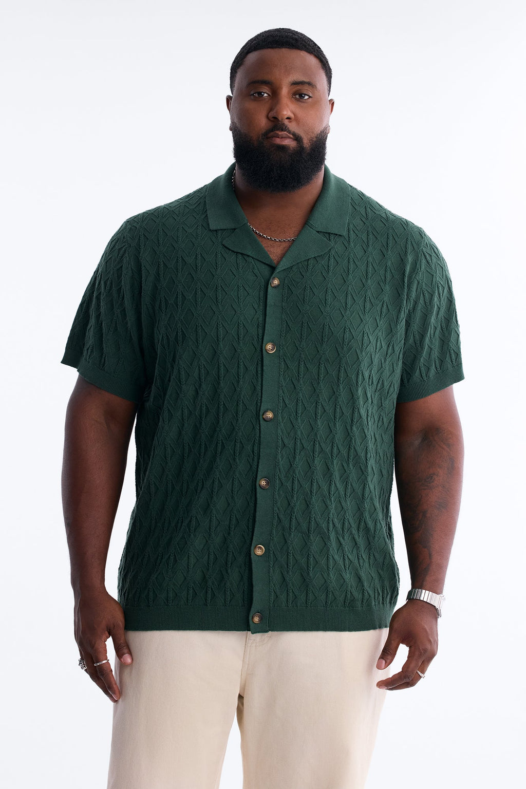 Argyle Textured Cuban Collar Sweater Shirt - Hunter Green