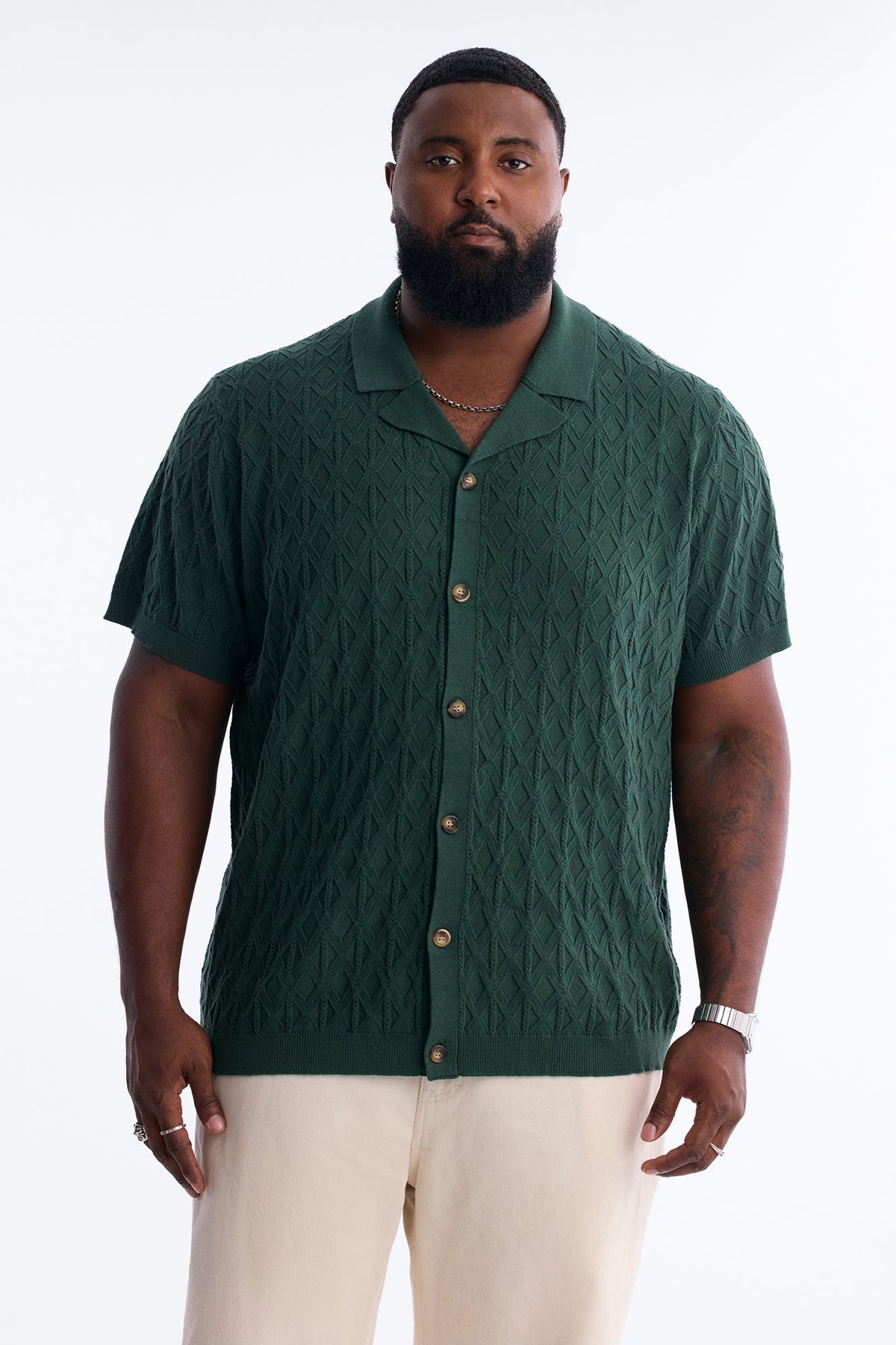 Argyle Textured Cuban Collar Sweater Shirt - Hunter Green