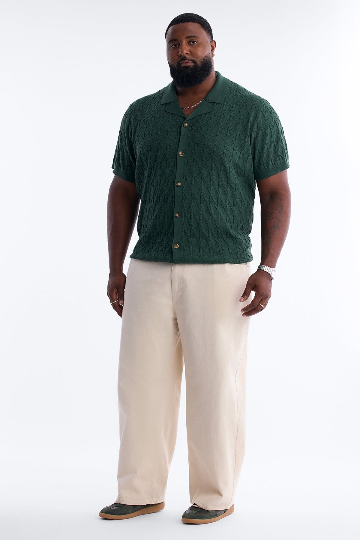 Argyle Textured Cuban Collar Sweater Shirt - Hunter Green
