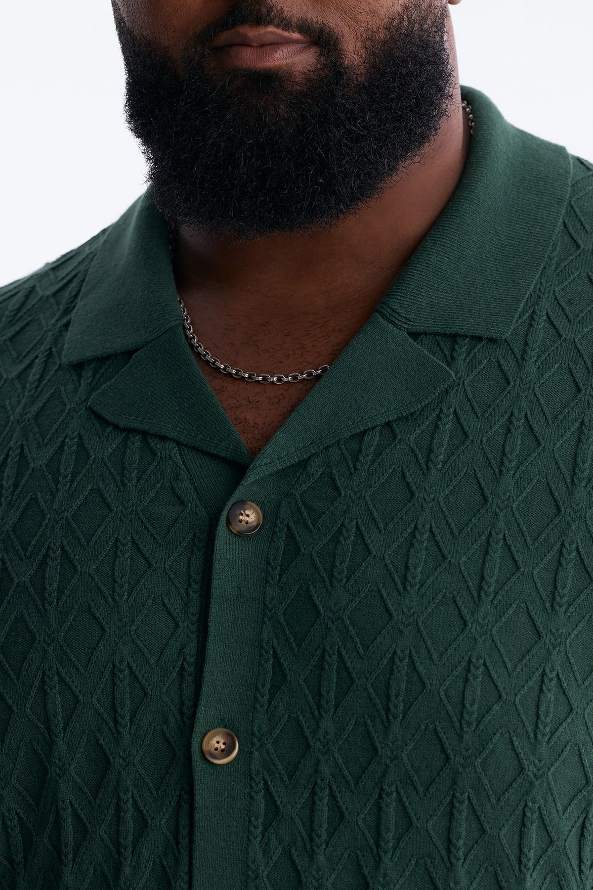 Argyle Textured Cuban Collar Sweater Shirt - Hunter Green