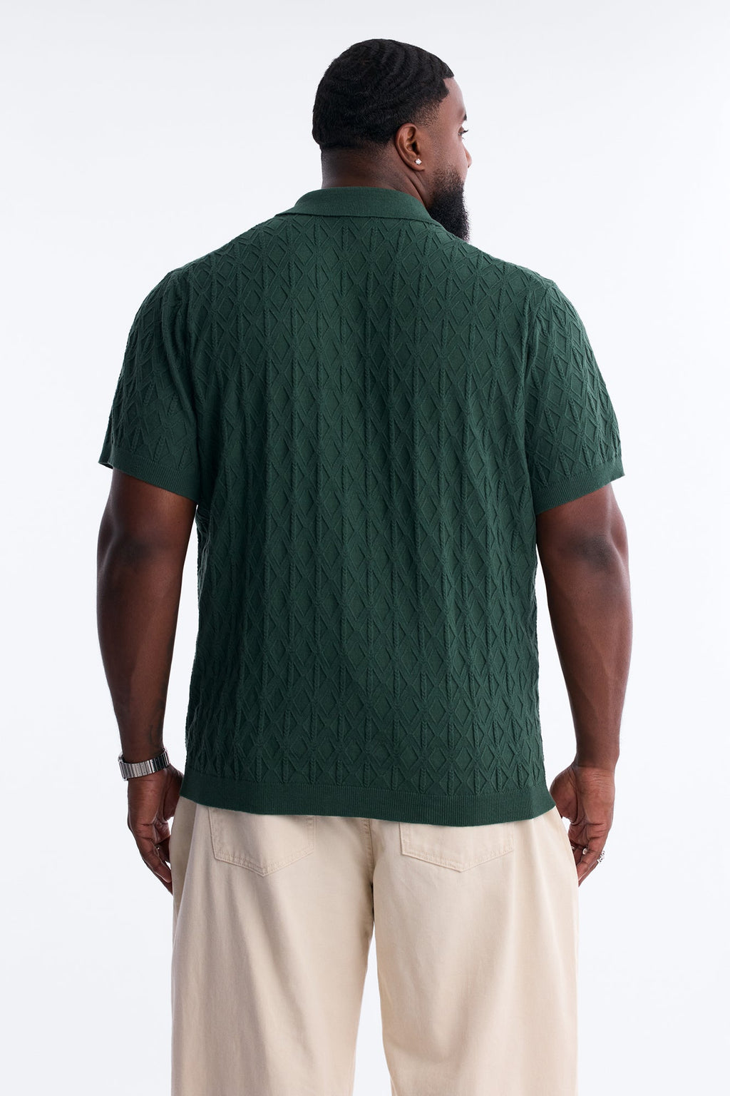 Argyle Textured Cuban Collar Sweater Shirt - Hunter Green