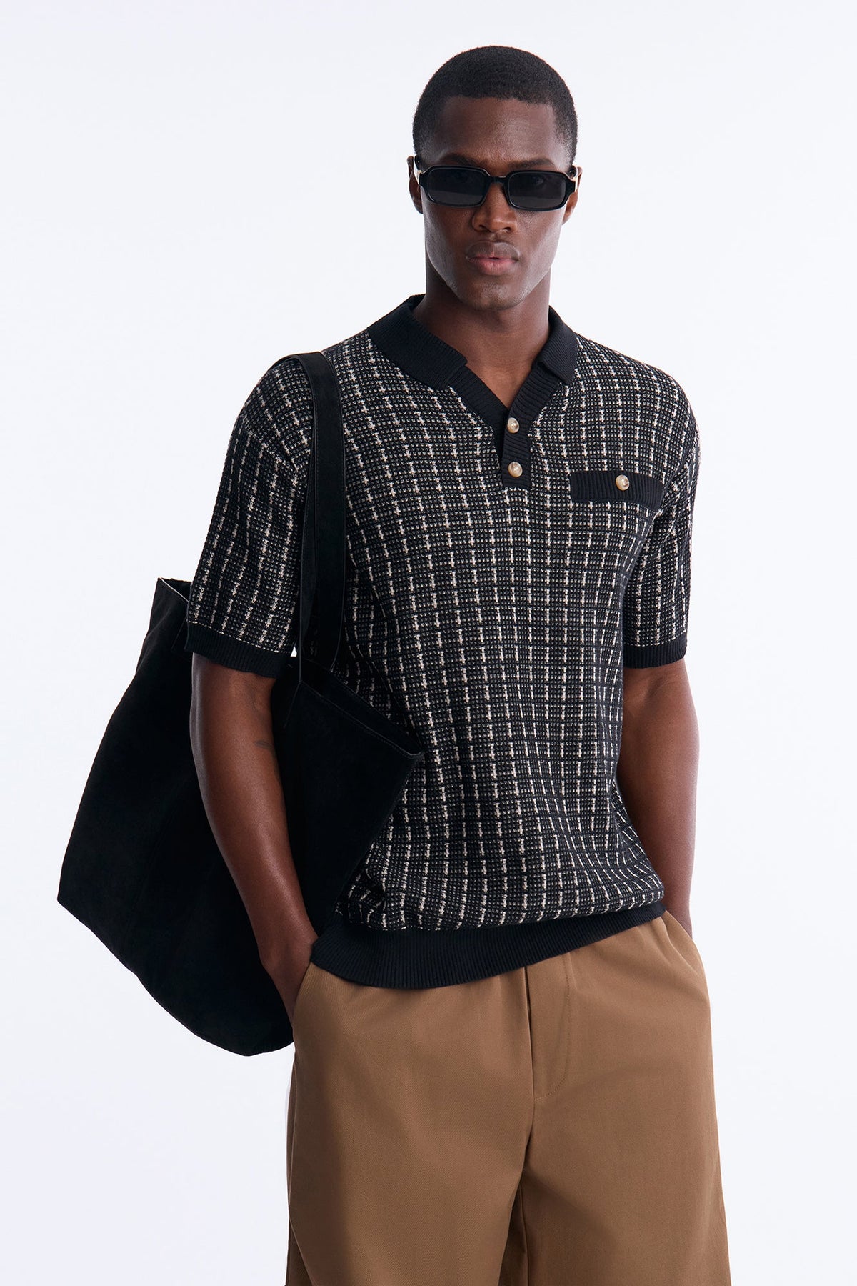 Two Button Relaxed Sweater Polo - Black/combo