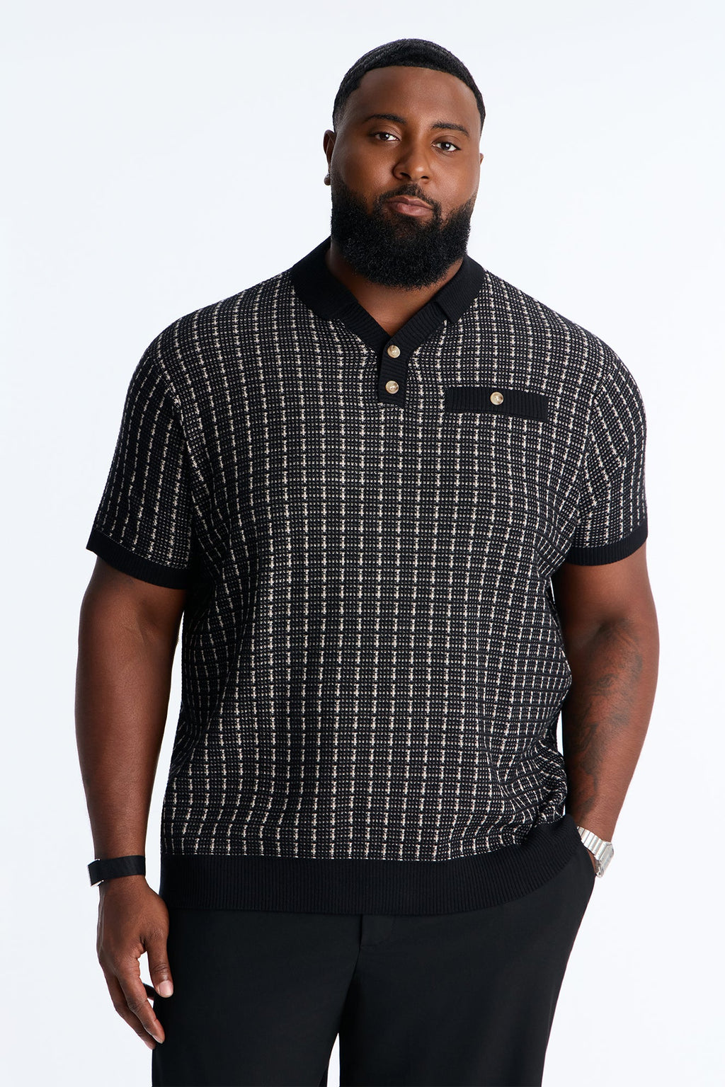 Two Button Relaxed Sweater Polo - Black/combo
