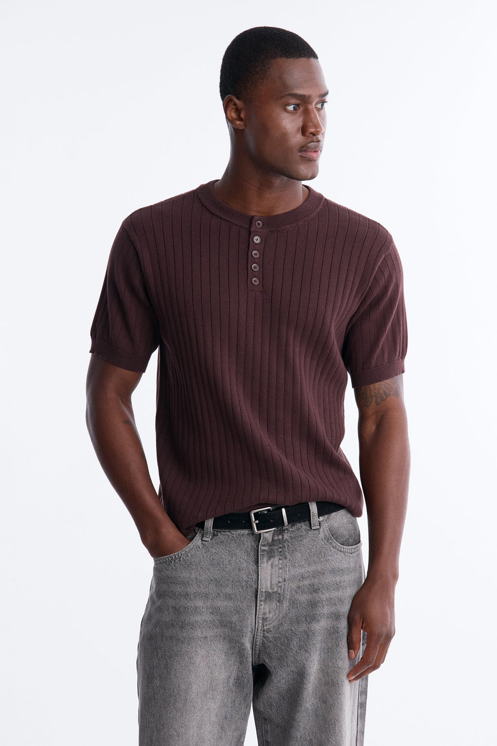 Textured Knit Short Sleeve Henley - Brown