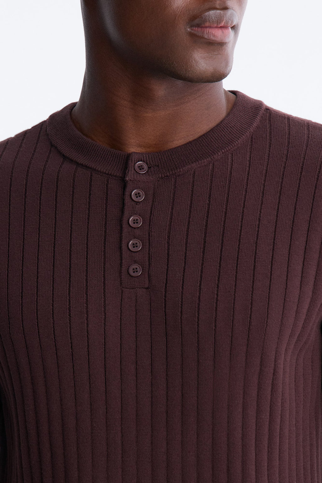 Textured Knit Short Sleeve Henley - Brown