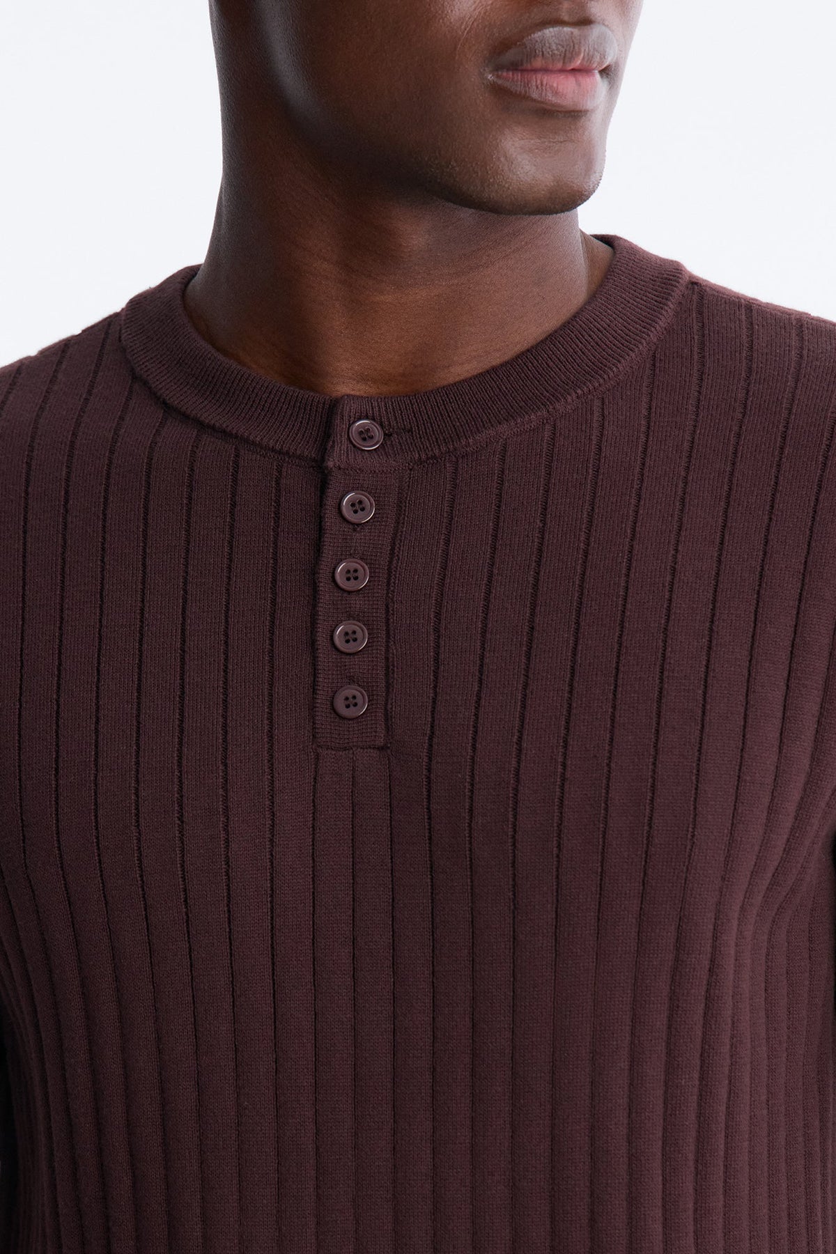 Textured Knit Short Sleeve Henley - Brown