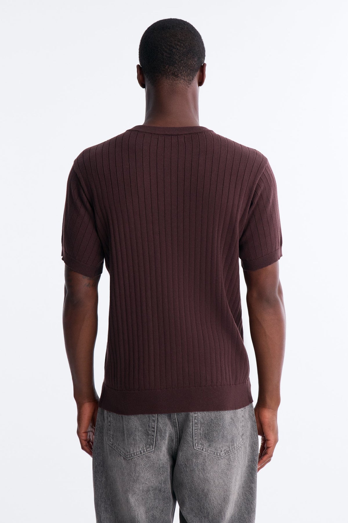 Textured Knit Short Sleeve Henley - Brown