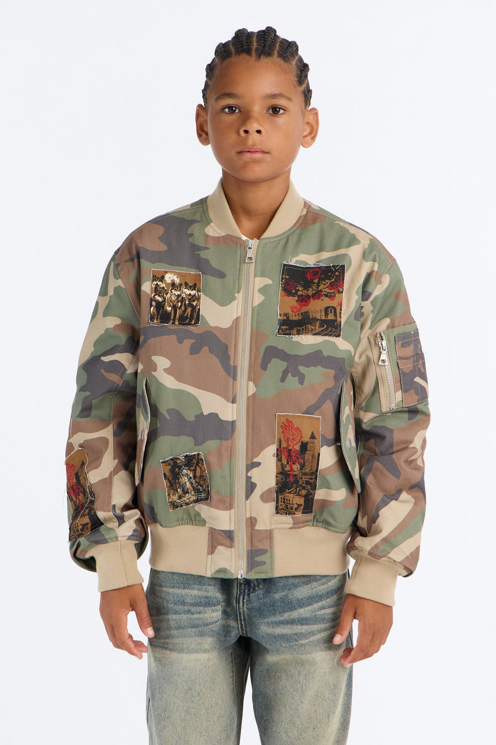 Mini Oversized Padded Distressed Patched Bomber Jacket - Camouflage