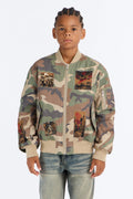 Mini Oversized Padded Distressed Patched Bomber Jacket - Camouflage