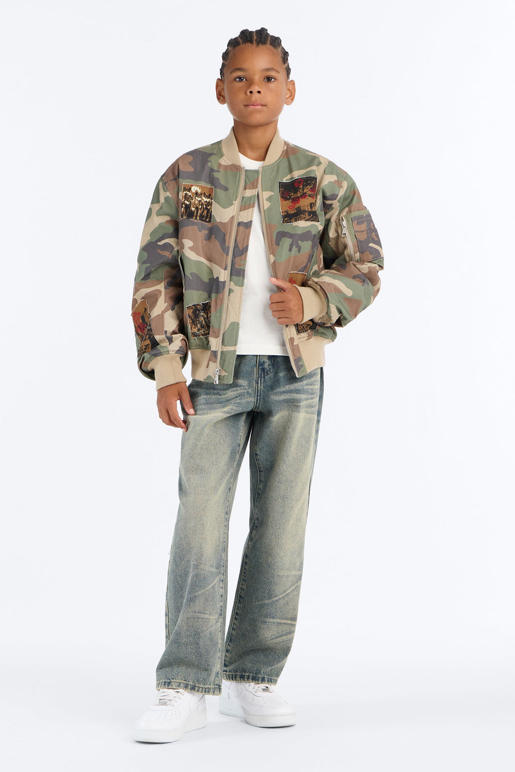 Mini Oversized Padded Distressed Patched Bomber Jacket - Camouflage