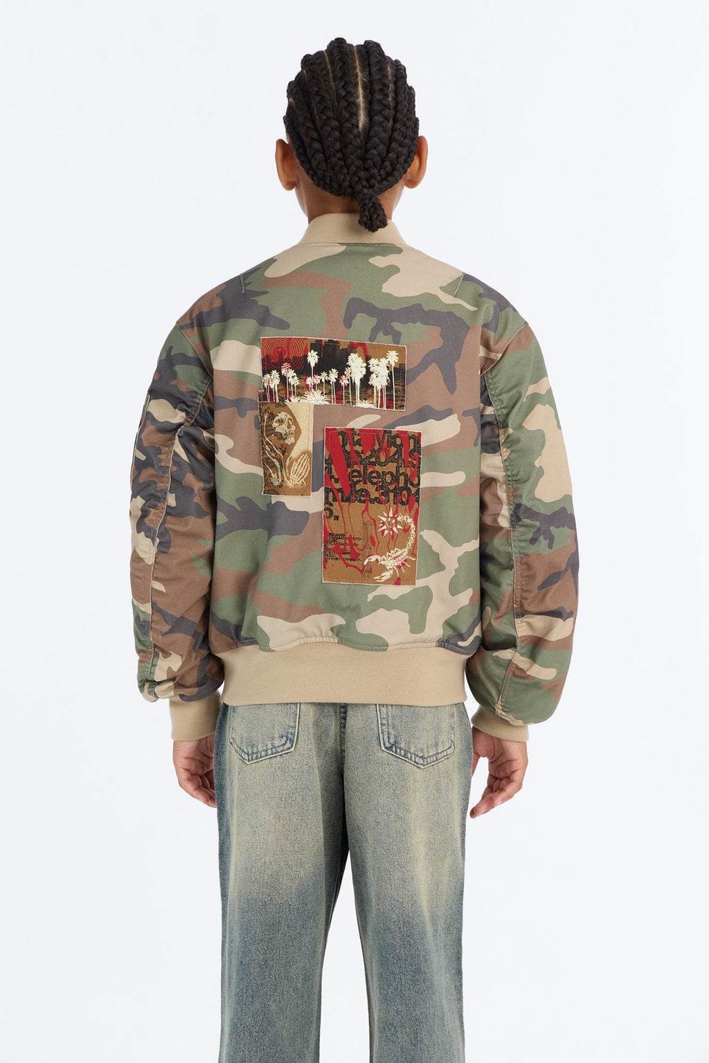Mini Oversized Padded Distressed Patched Bomber Jacket - Camouflage