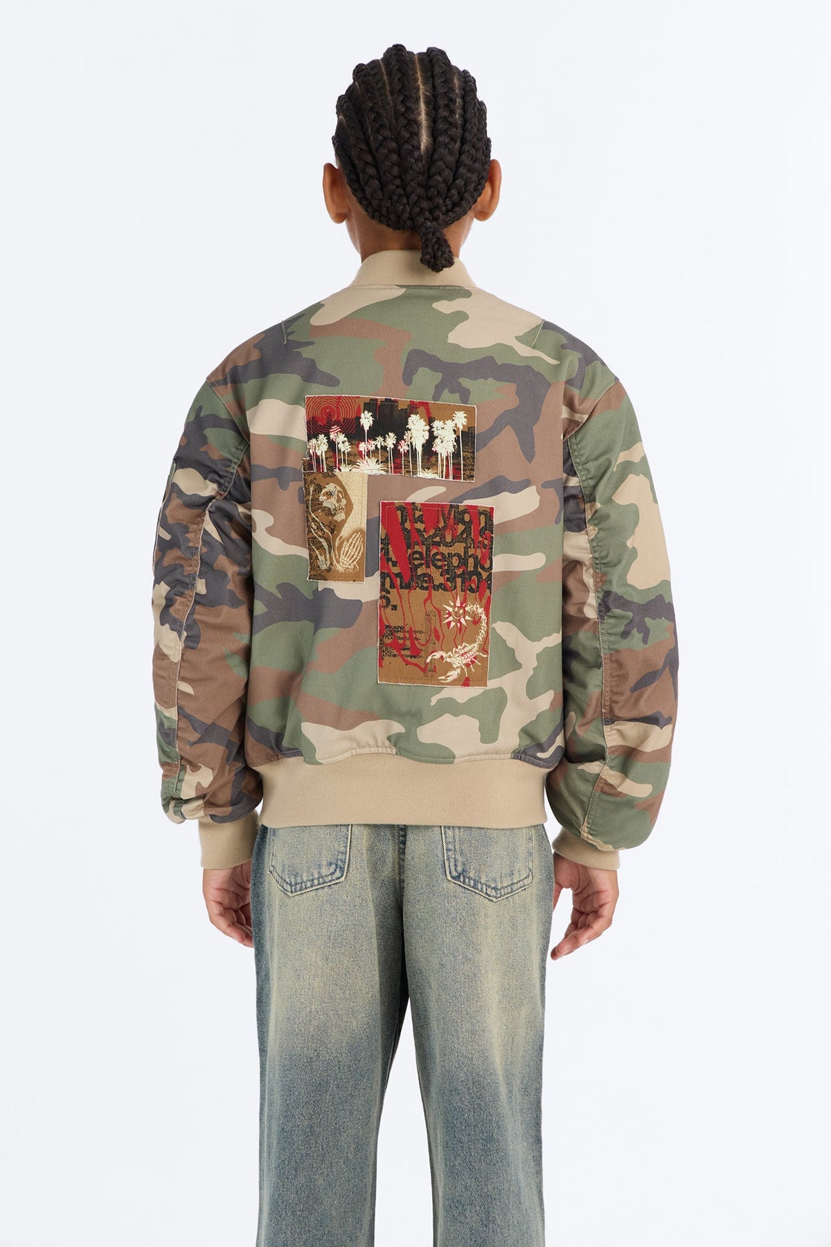 Mini Oversized Padded Distressed Patched Bomber Jacket - Camouflage