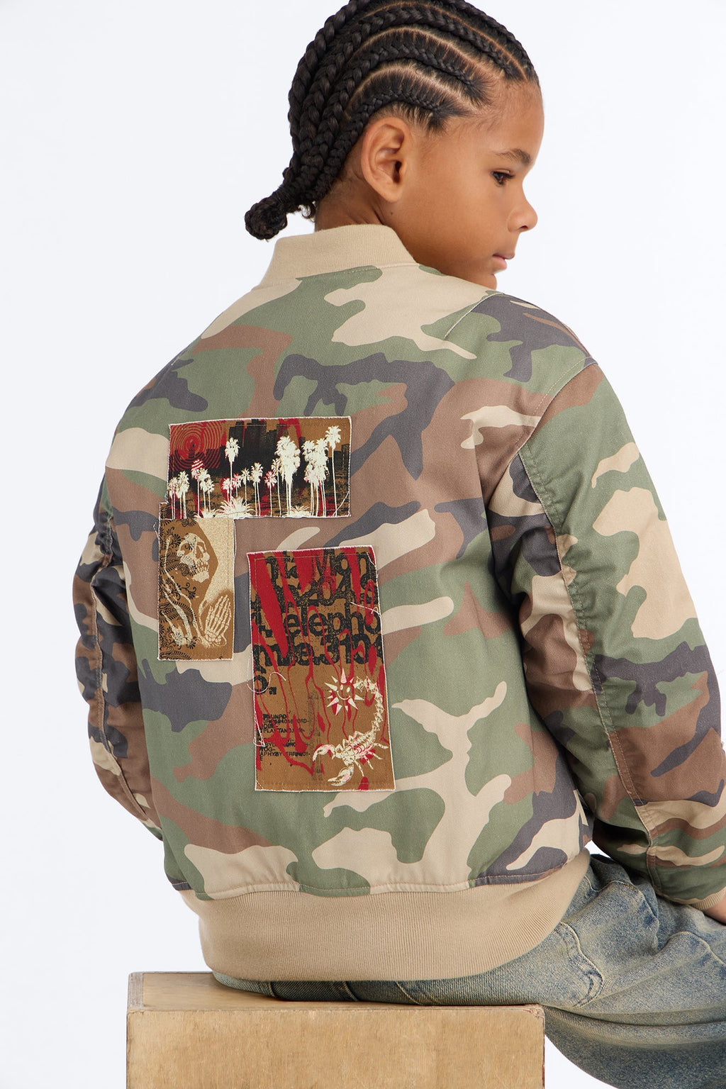 Mini Oversized Padded Distressed Patched Bomber Jacket - Camouflage