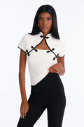 Lui Mock Neck Short Sleeve Pullover Sweater - White/Black