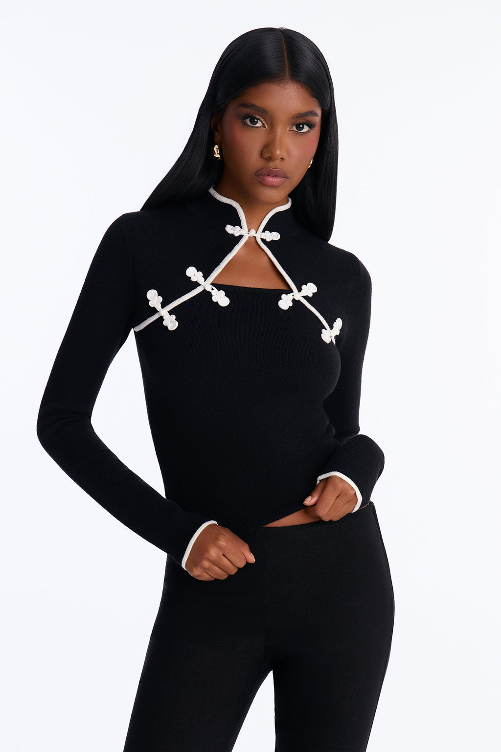 Lui Mock Neck Long Sleeve Pullover Sweater - Black/White