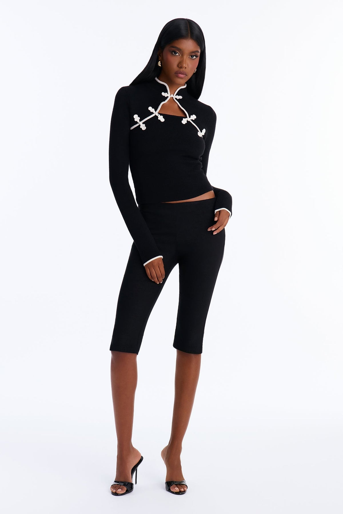 Lui Mock Neck Long Sleeve Pullover Sweater - Black/White