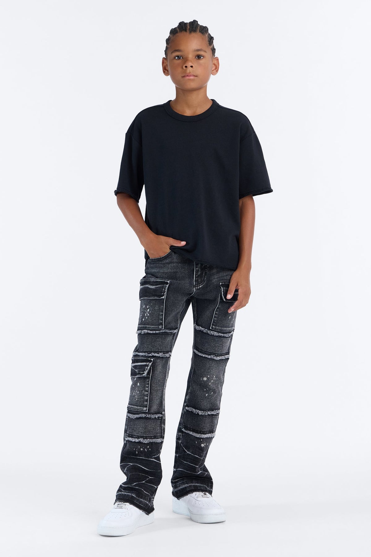 Mini Side Snap Cargo Stacked Skinny Flare Jeans - Black Wash