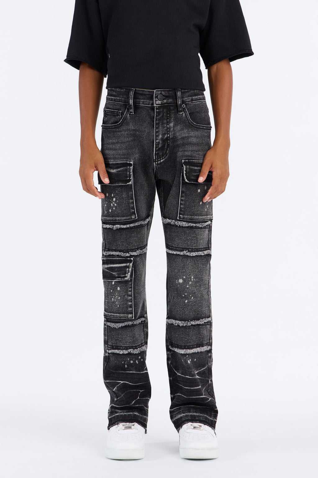 Mini Side Snap Cargo Stacked Skinny Flare Jeans - Black Wash