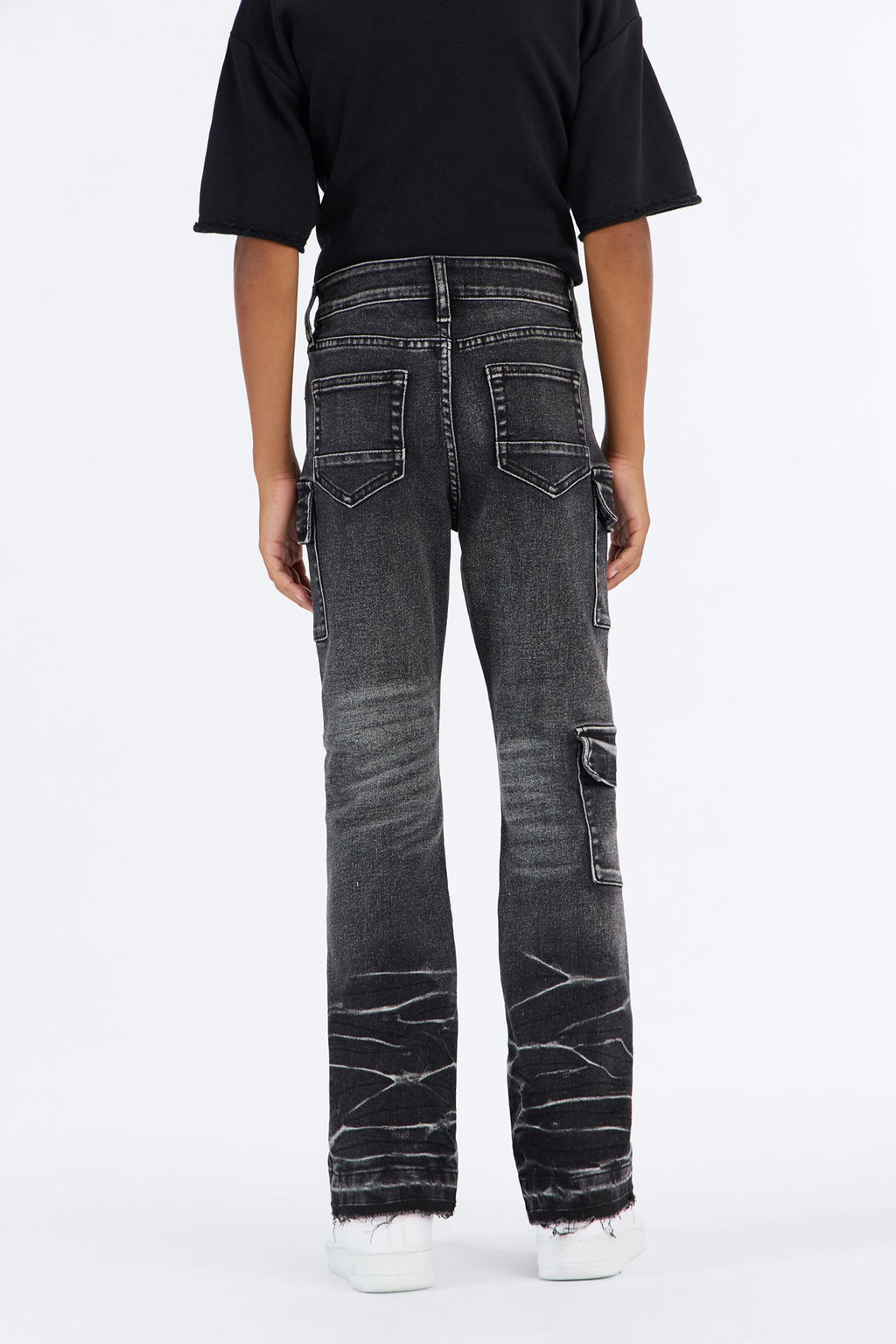 Mini Side Snap Cargo Stacked Skinny Flare Jeans - Black Wash