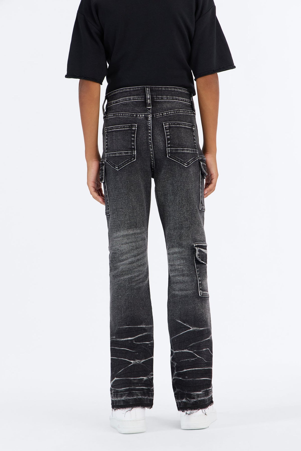 Mini Side Snap Cargo Stacked Skinny Flare Jeans - Black Wash