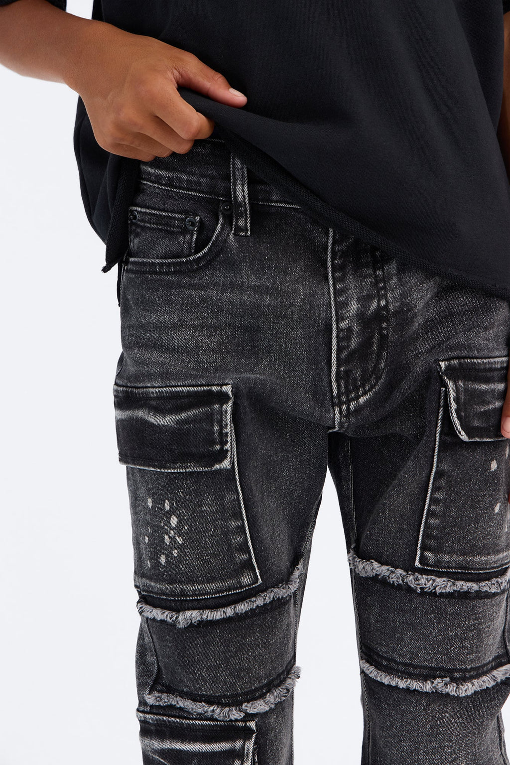 Mini Side Snap Cargo Stacked Skinny Flare Jeans - Black Wash