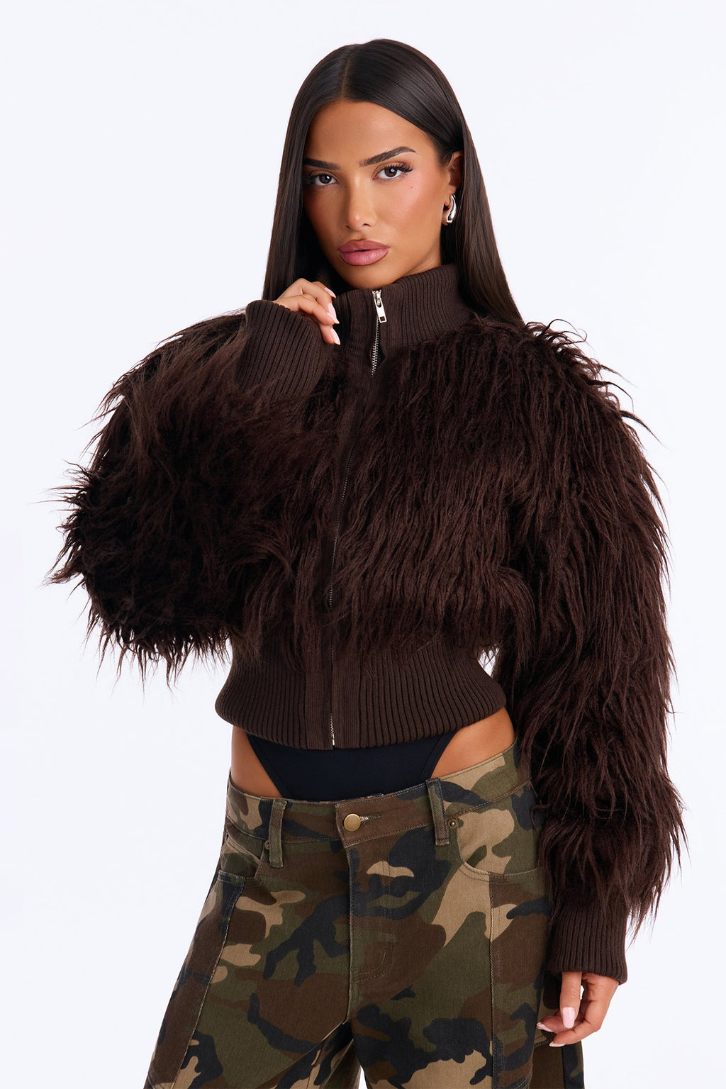 Sienna Shaggy Faux Fur Jacket - Chocolate
