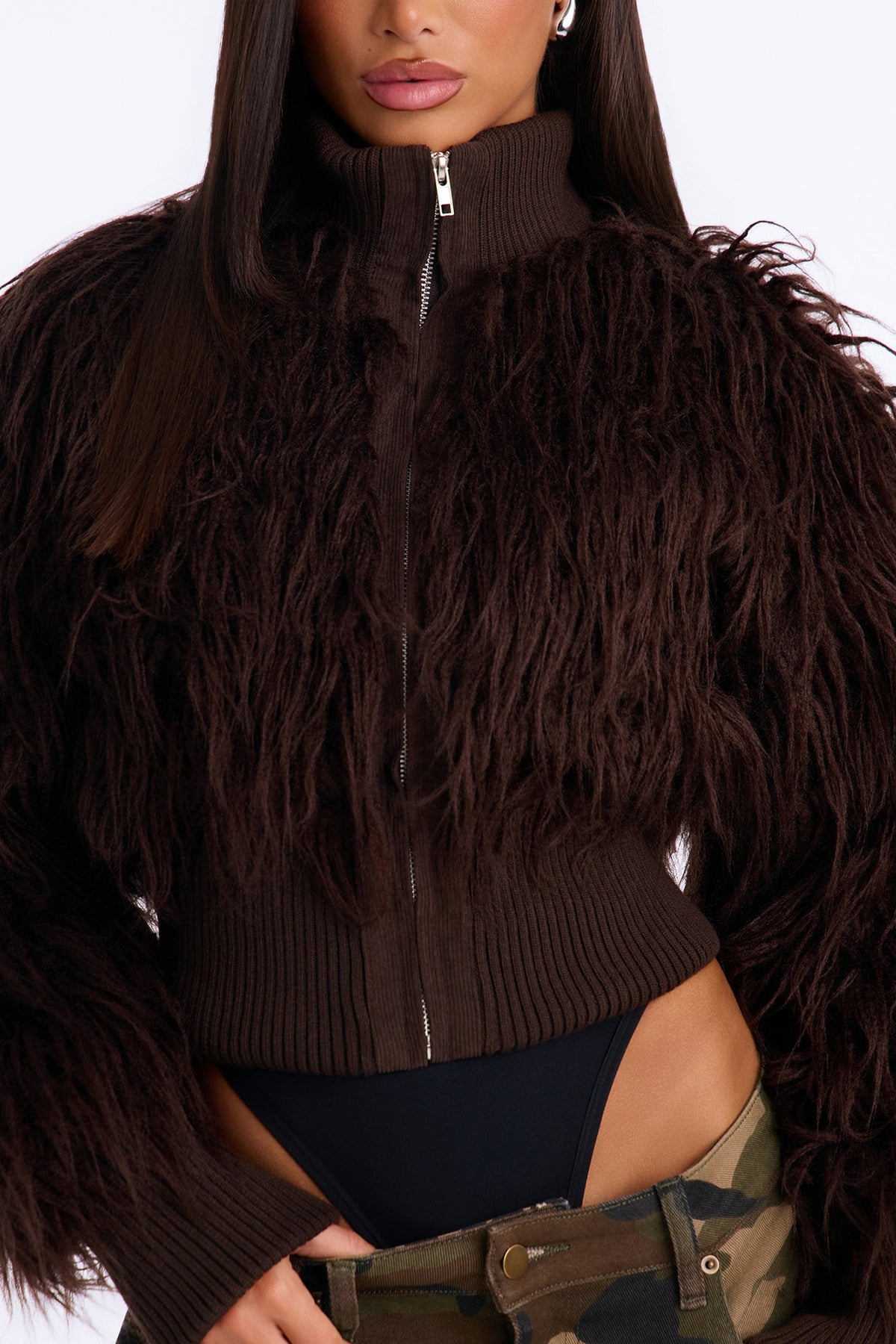 Sienna Shaggy Faux Fur Jacket - Chocolate
