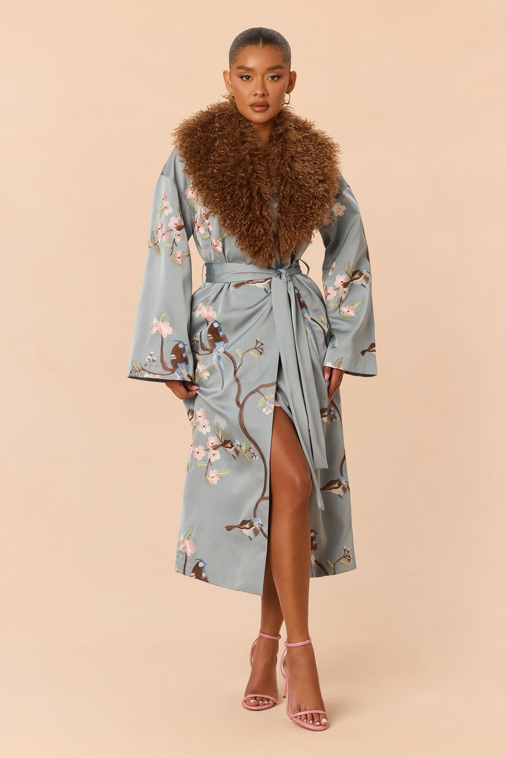Worth Watching Embroidered Satin Coat - Slate Blue