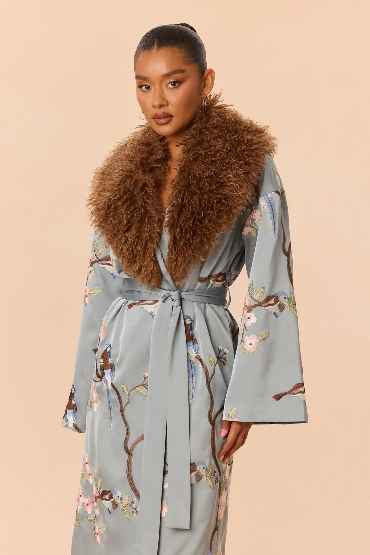 Worth Watching Embroidered Satin Coat - Slate Blue