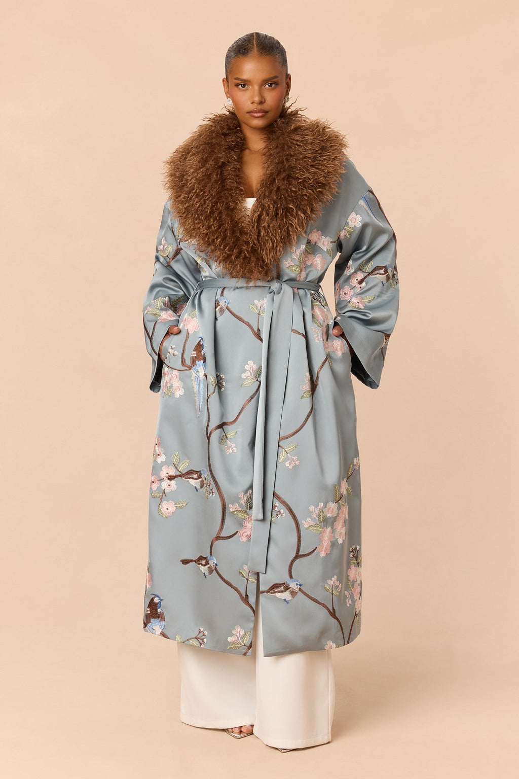 Worth Watching Embroidered Satin Coat - Slate Blue