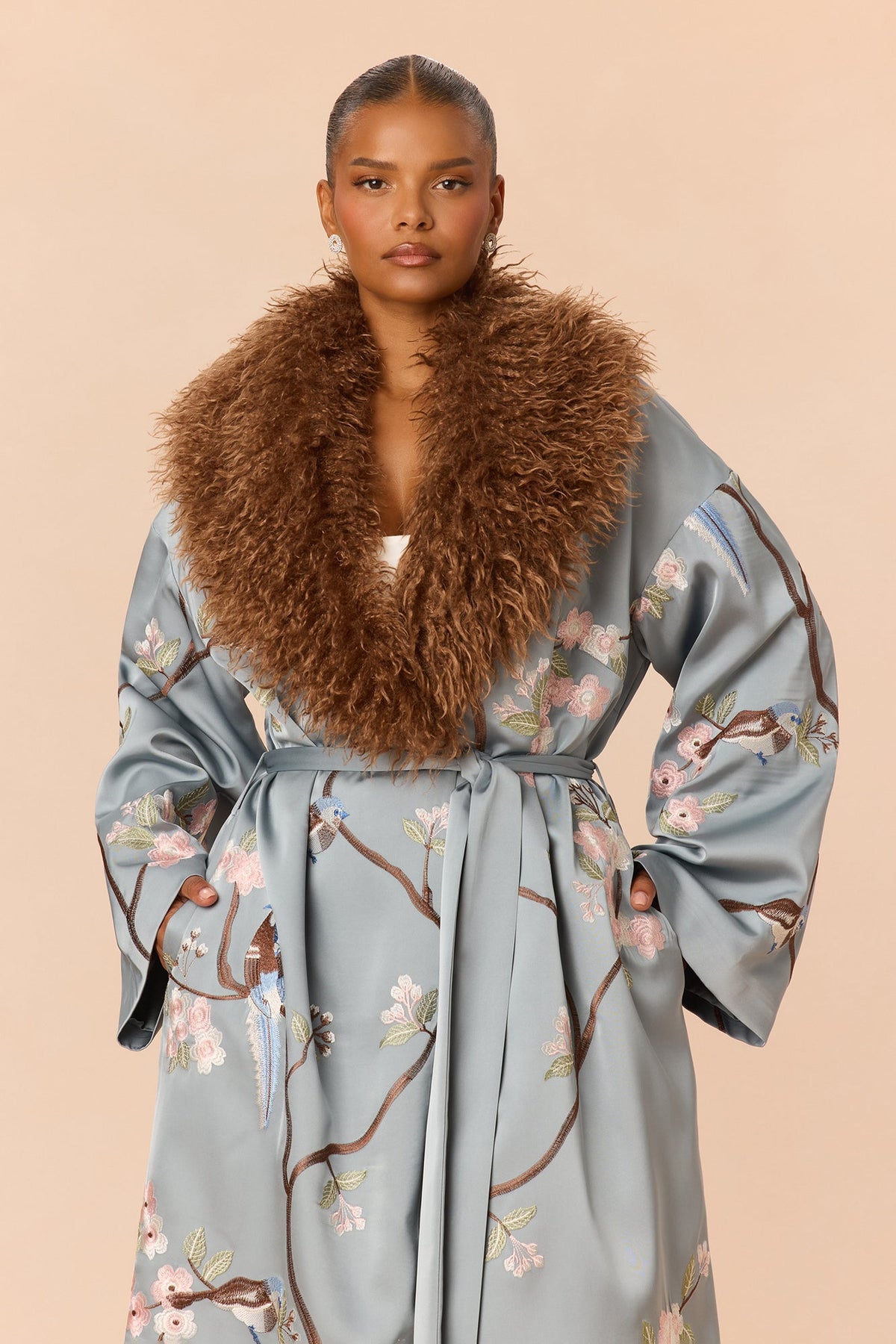 Worth Watching Embroidered Satin Coat - Slate Blue