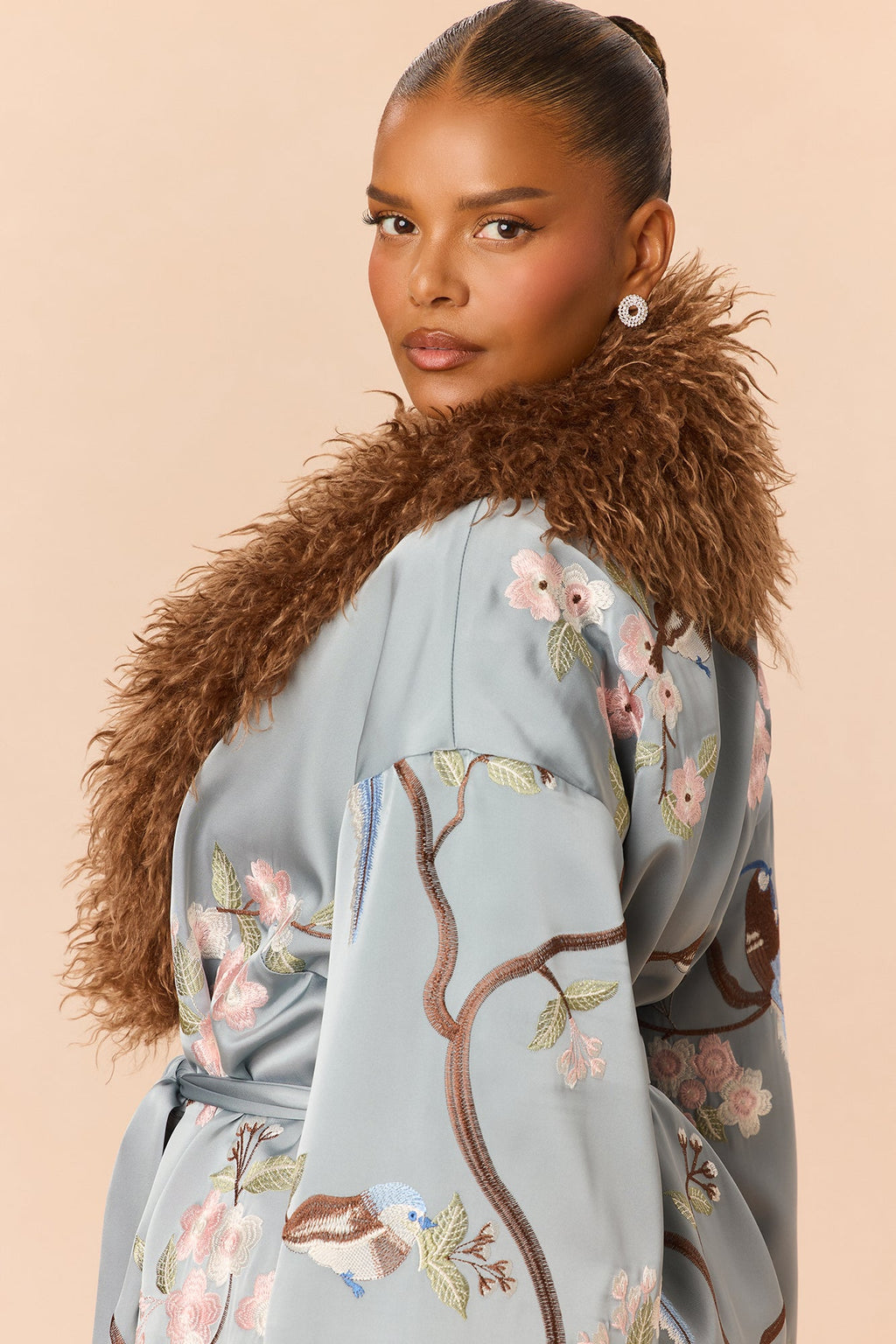 Worth Watching Embroidered Satin Coat - Slate Blue