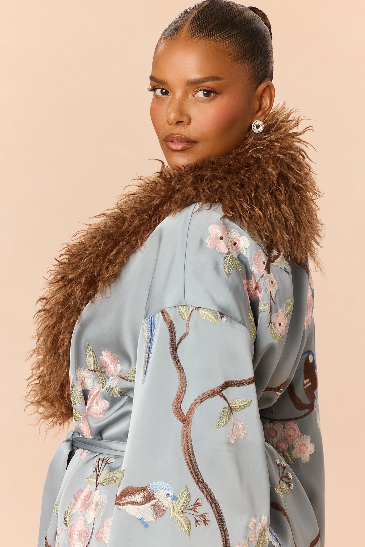Worth Watching Embroidered Satin Coat - Slate Blue