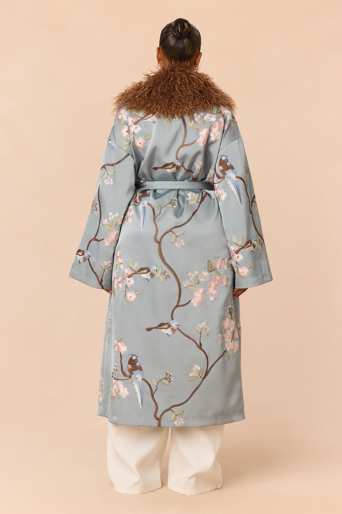 Worth Watching Embroidered Satin Coat - Slate Blue
