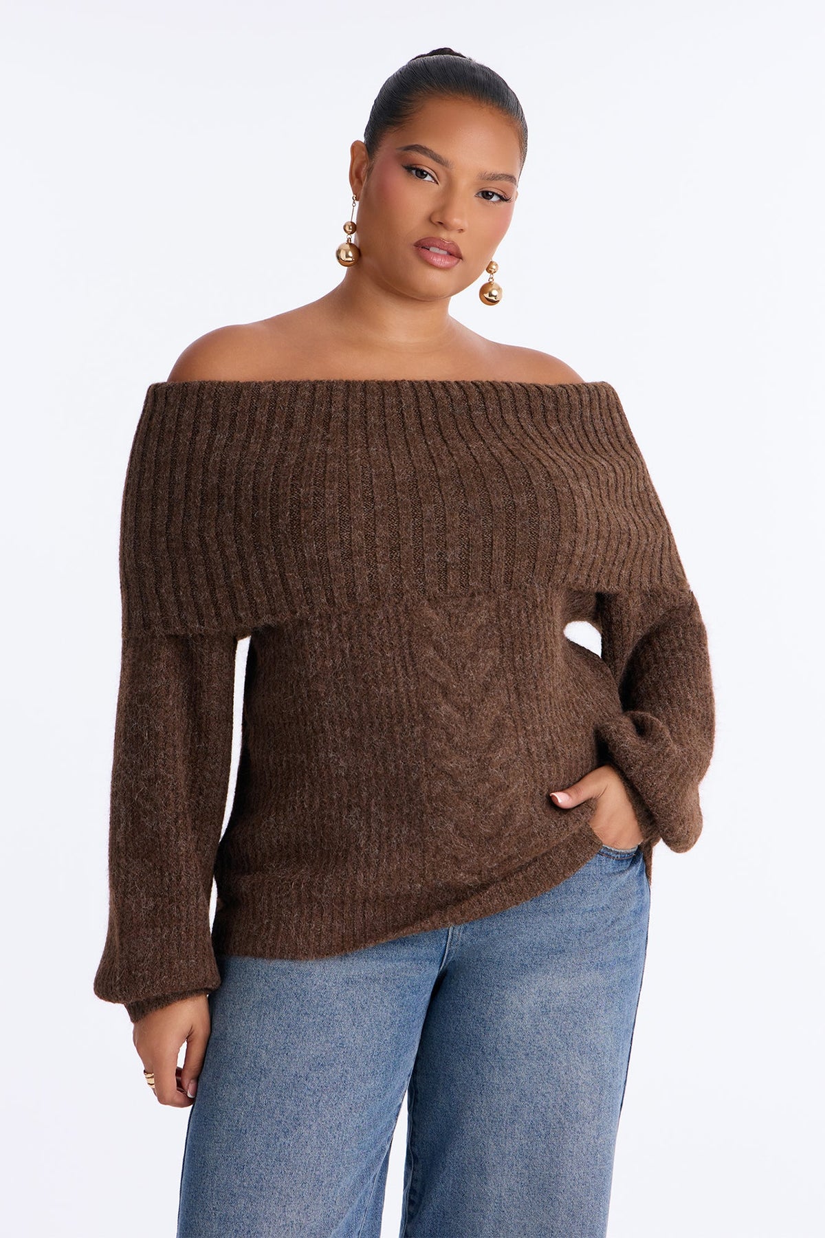 Cozy Confessions Off Shoulder Pullover Sweater - Mocha