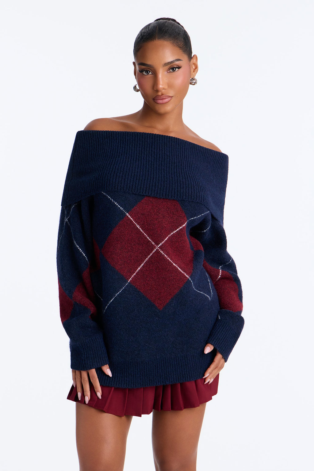 Charming Trouble Off Shoulder Argyle Pullover Sweater - Navy/combo